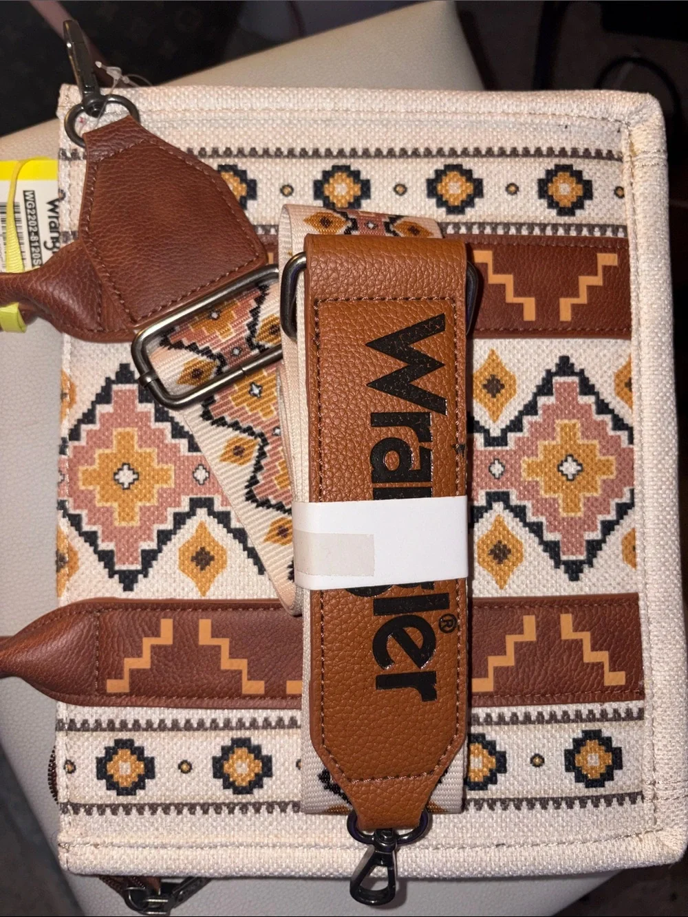 Wrangler Canvas Tote with Geometric Embroidery in Beige, Brown & Mustard